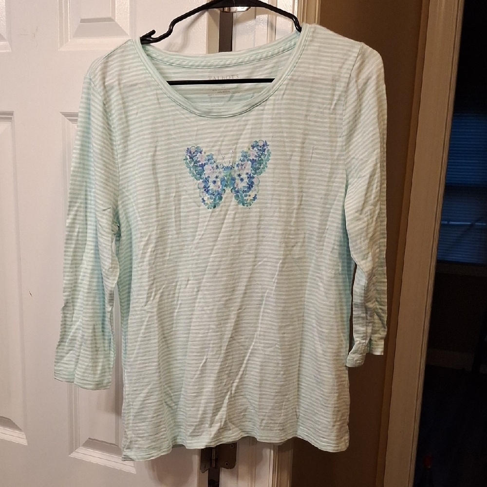5/$25-Talbots Petite-Light Blue and White Striped Top- EUC